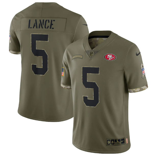 Men's San Francisco 49ers #5 Trey Lance Olive 2022 Salute To Service Limited Stitched Jersey